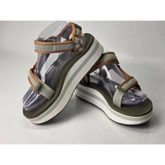 Teva Flatform Women's Sandal Size 6 EU 37 Green Olive Mesh Print Platform Shoes - Picture 10 of 12